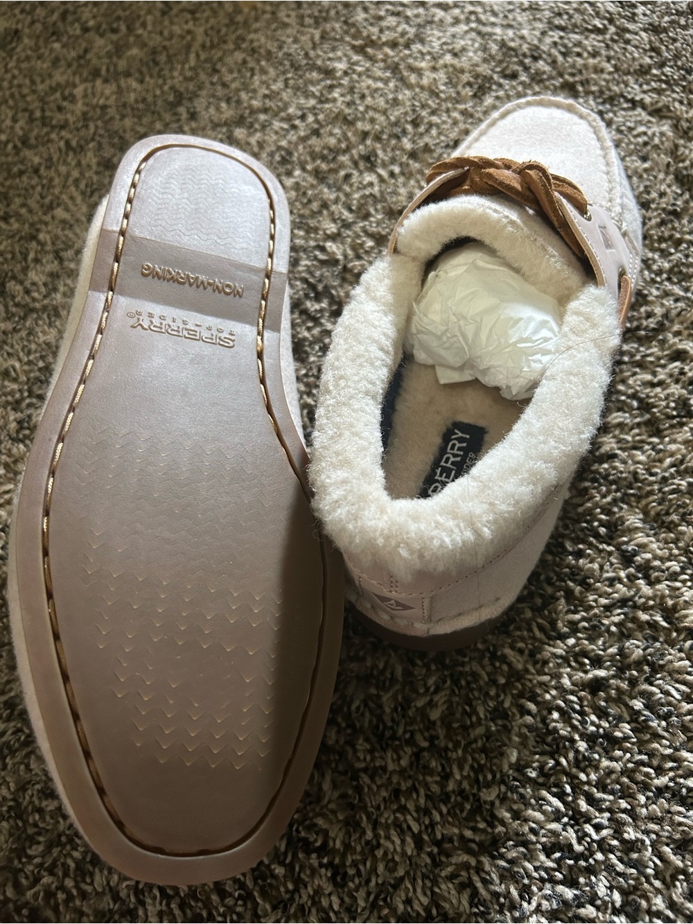 Sperry Women’s Slip-On Shearling Moccasins in Pale Pink with Tan Laces